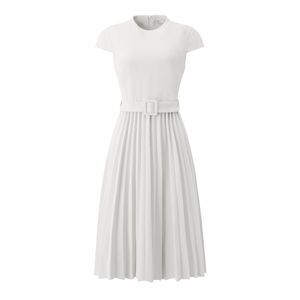 Pleated Dress Mock Neck Cap Sleeve Belted A-Line Dress White